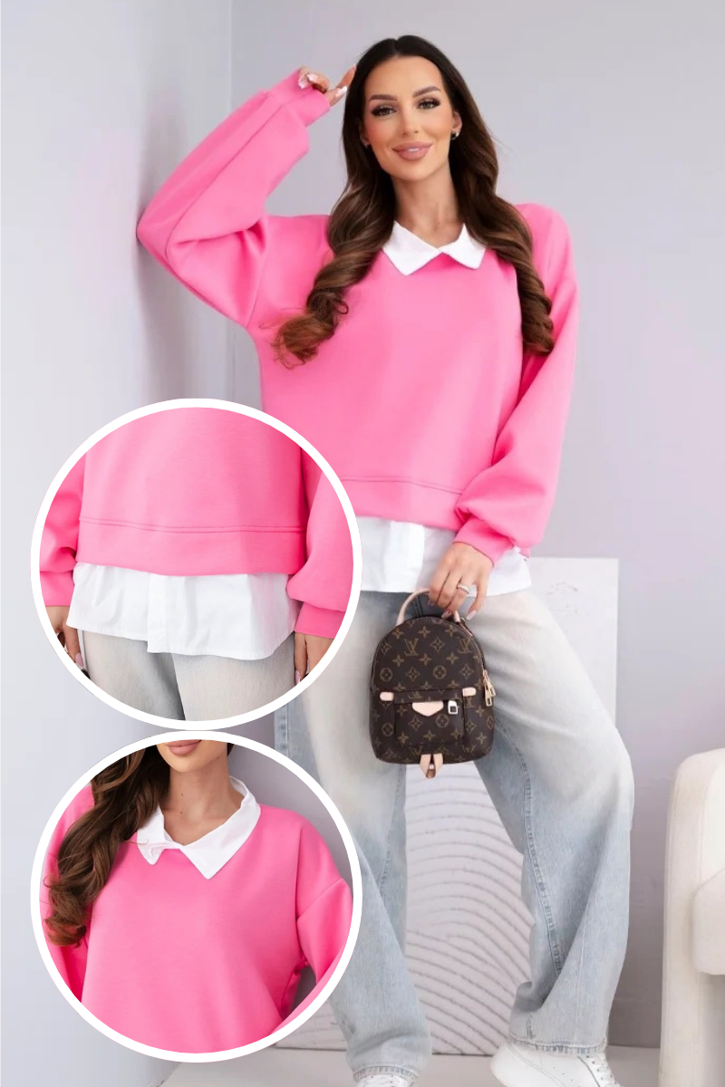 dámska oversize mikina s košeľovou vsadkou 2v1 ružová